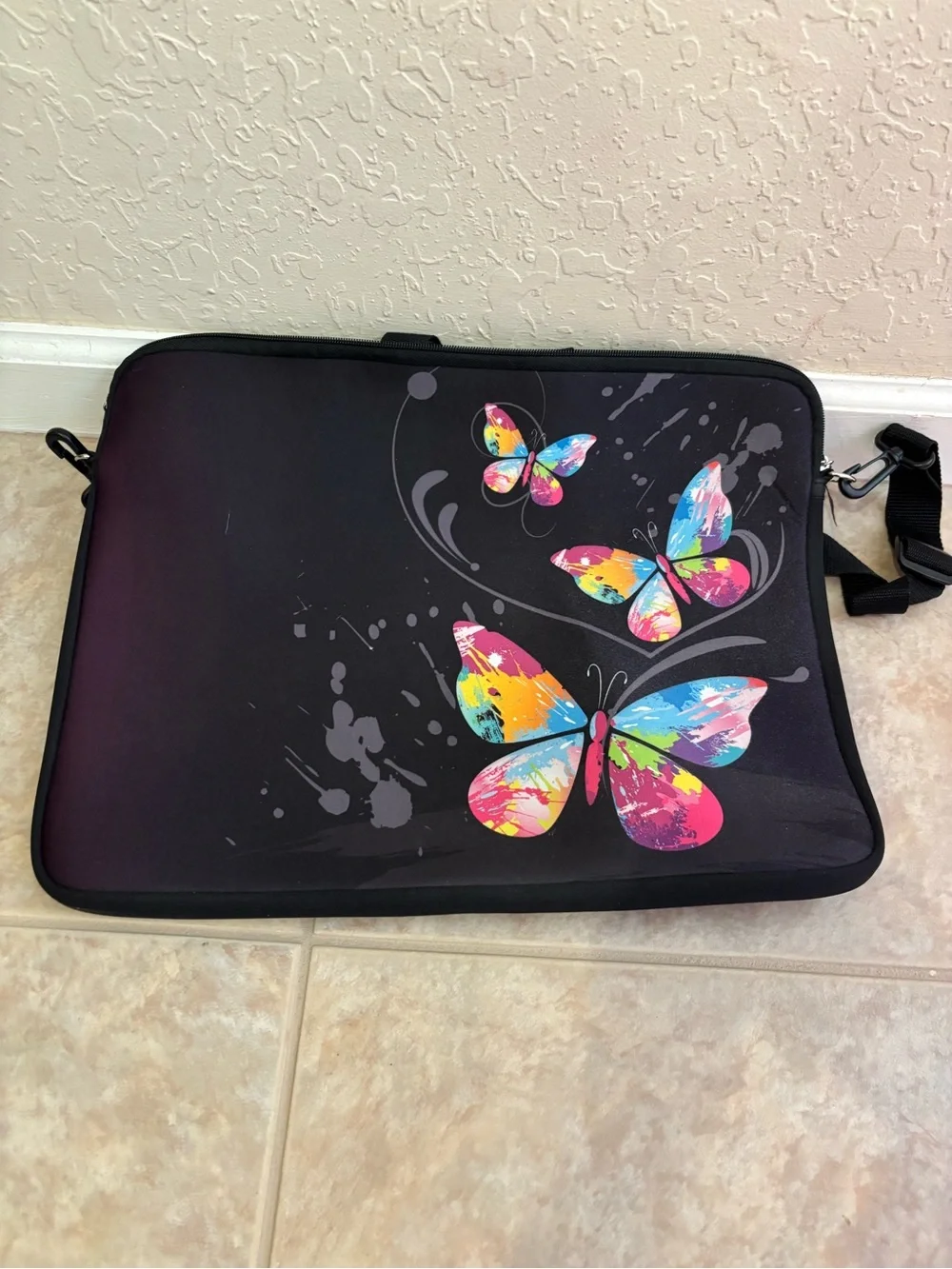 Black Butterfly Print Tablet/Laptop Sleeve with Colorful Accents